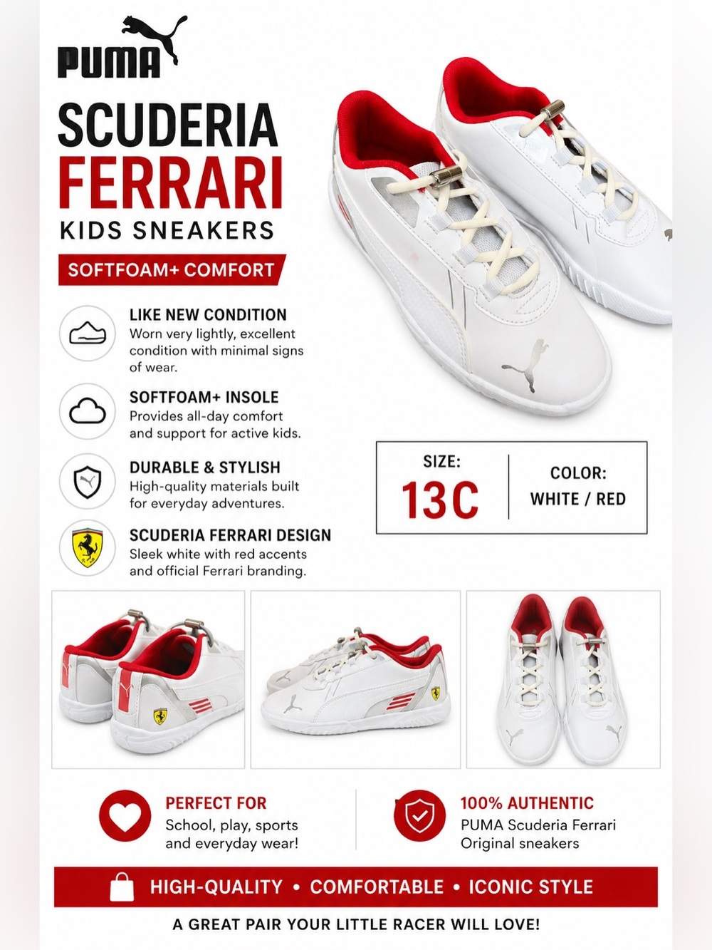 Puma Kids Scuderia Ferrari White and Red Low-Top Sneakers